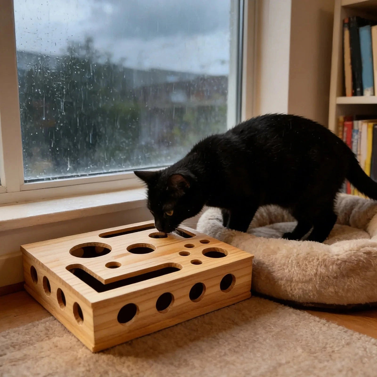 Katze spielt an der Kleine-Kralle-Box neben dem Katzenbett